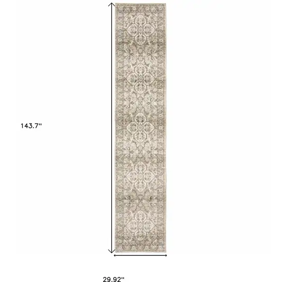 Beige and Ivory Medallion Runner Rug Photo 6