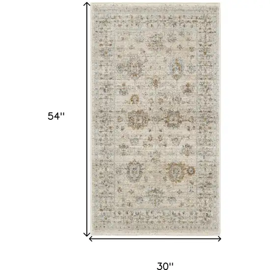 Beige and Ivory Oriental Power Loom Distressed Area Rug With Fringe Photo 3