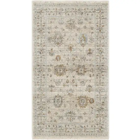 Beige and Ivory Oriental Power Loom Distressed Area Rug With Fringe Photo 2