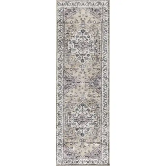 Beige and Ivory Oriental Power Loom Distressed Washable Non Skid Runner Rug Photo 2