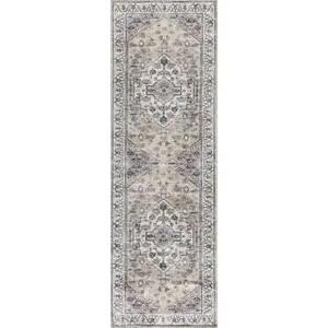 Photo of Beige and Ivory Oriental Power Loom Distressed Washable Non Skid Runner Rug