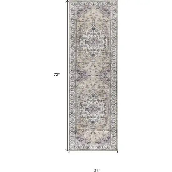 Beige and Ivory Oriental Power Loom Distressed Washable Non Skid Runner Rug Photo 3