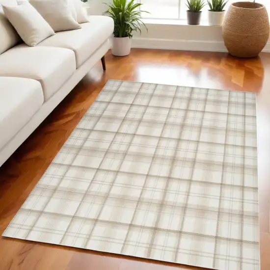 Beige and Ivory Plaid Power Loom Area Rug Photo 1