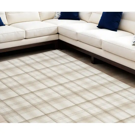 Beige and Ivory Plaid Power Loom Area Rug Photo 1