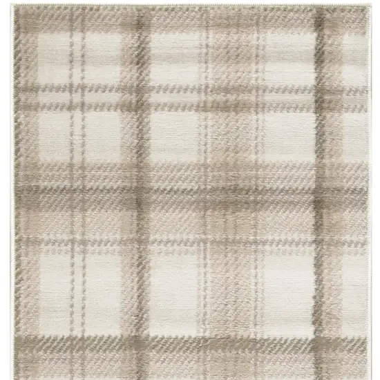 Beige and Ivory Plaid Power Loom Runner Rug Photo 5