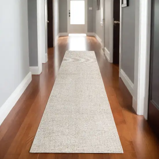 Beige and Ivory Wool Checkered Hand Tufted Runner Rug Photo 1