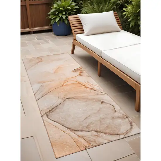 Beige and Orange Abstract Washable Non Skid Indoor Outdoor Runner Rug Photo 1