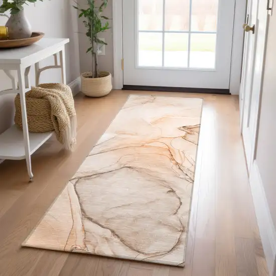 Beige and Orange Abstract Washable Non Skid Indoor Outdoor Runner Rug Photo 7