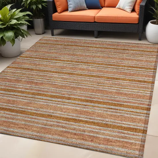 Beige and Orange Striped Washable Non Skid Indoor Outdoor Area Rug Photo 1