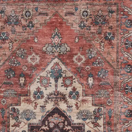 Beige and Red Medallion Power Loom Distressed Washable Non Skid Area Rug Photo 9