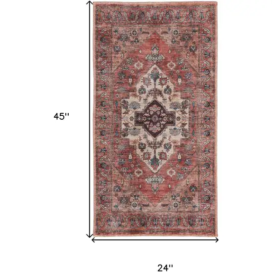 Beige and Red Medallion Power Loom Distressed Washable Non Skid Area Rug Photo 3