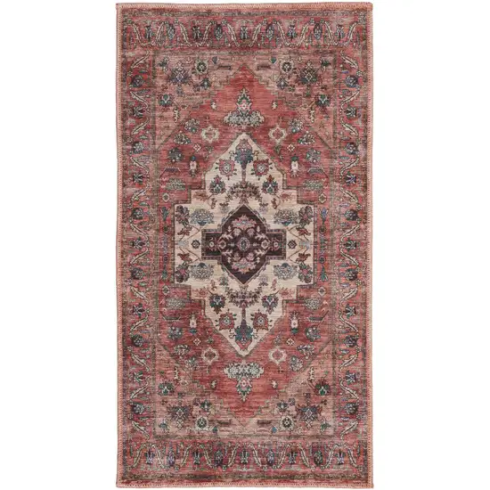 Beige and Red Medallion Power Loom Distressed Washable Non Skid Area Rug Photo 2