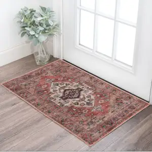 Photo of Beige and Red Medallion Power Loom Distressed Washable Non Skid Area Rug