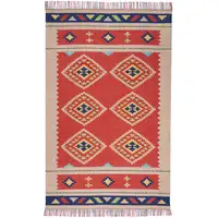 Photo of Beige and Red Southwestern Handmade Area Rug With Fringe