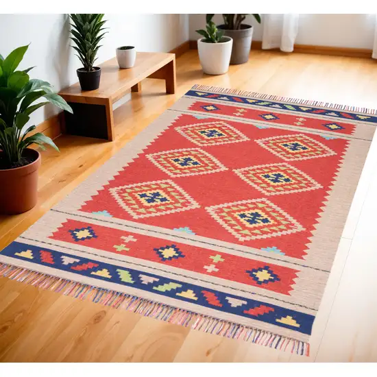 Beige and Red Southwestern Handmade Area Rug With Fringe Photo 1