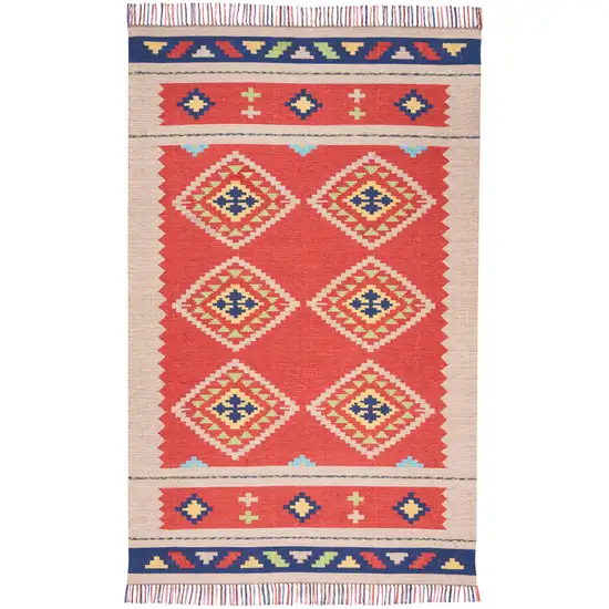 Beige and Red Southwestern Handmade Area Rug With Fringe Photo 2