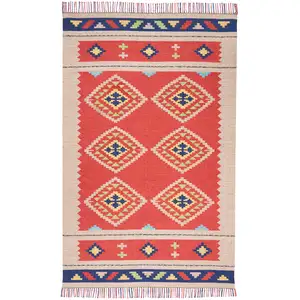 Photo of Beige and Red Southwestern Handmade Area Rug With Fringe