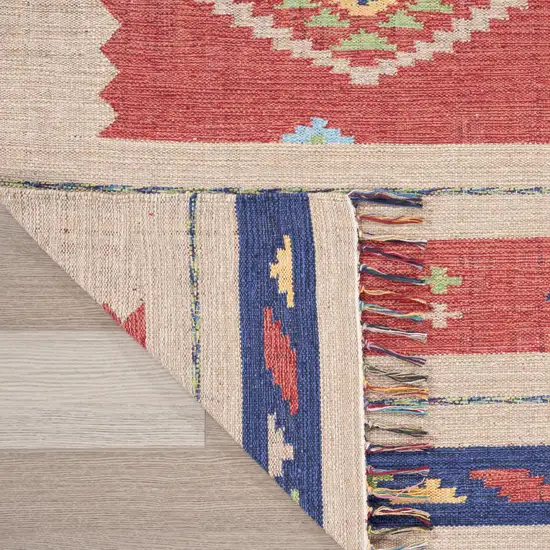 Beige and Red Southwestern Handmade Area Rug With Fringe Photo 8