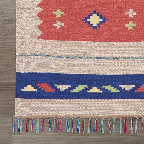 Beige and Red Southwestern Handmade Area Rug With Fringe Photo 7