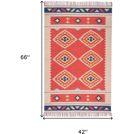 Beige and Red Southwestern Handmade Area Rug With Fringe Photo 3