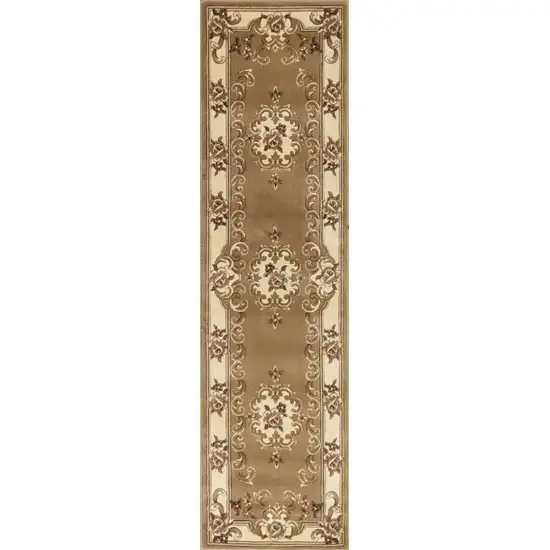 Beige or Ivory Medallion Runner Rug Photo 1