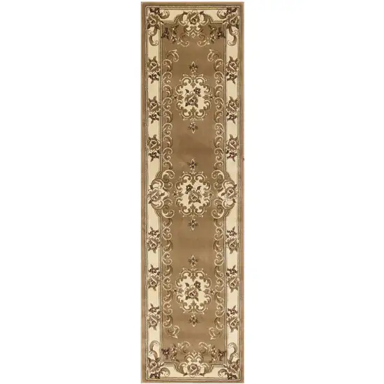 Beige or Ivory Medallion Runner Rug Photo 2