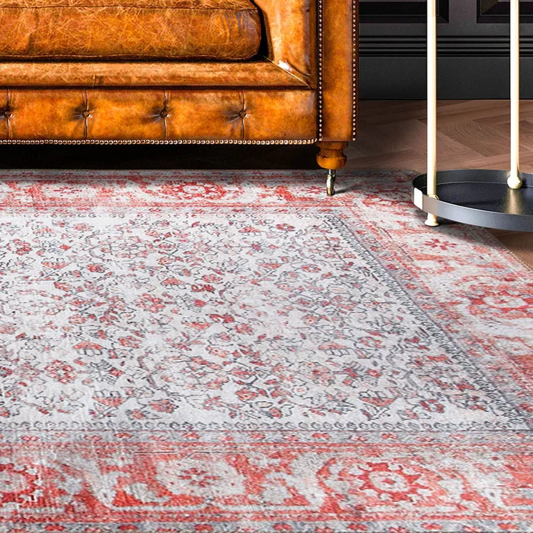 Berry Red Oriental Power Loom Stain Resistant Area Rug Photo 4