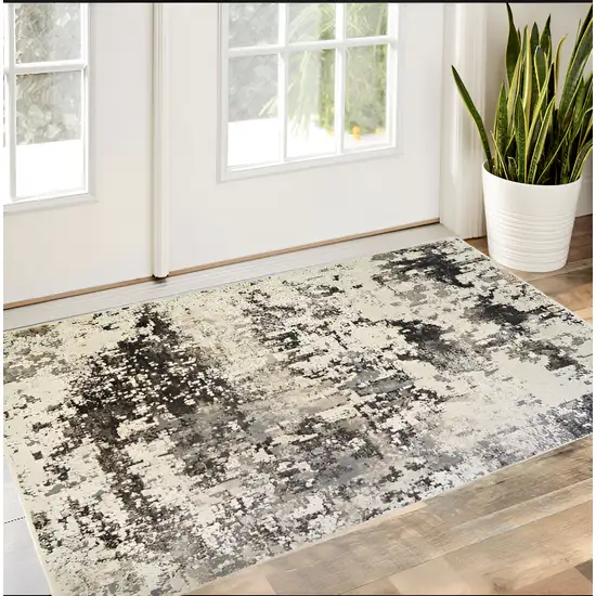 Black Abstract Distressed Area Rug With Fringe Photo 2