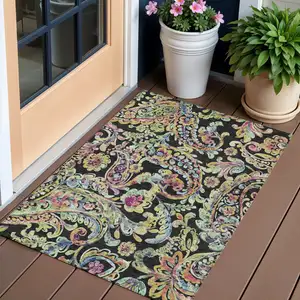 Photo of Black And Artichoke Green Paisley Washable Indoor Outdoor Area Rug