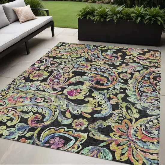 Black And Artichoke Green Paisley Washable Indoor Outdoor Area Rug Photo 1