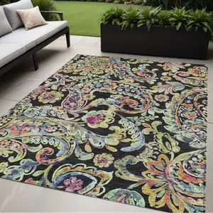 Photo of Black And Artichoke Green Paisley Washable Indoor Outdoor Area Rug