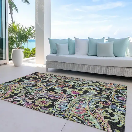 Black And Artichoke Green Paisley Washable Indoor Outdoor Area Rug Photo 9