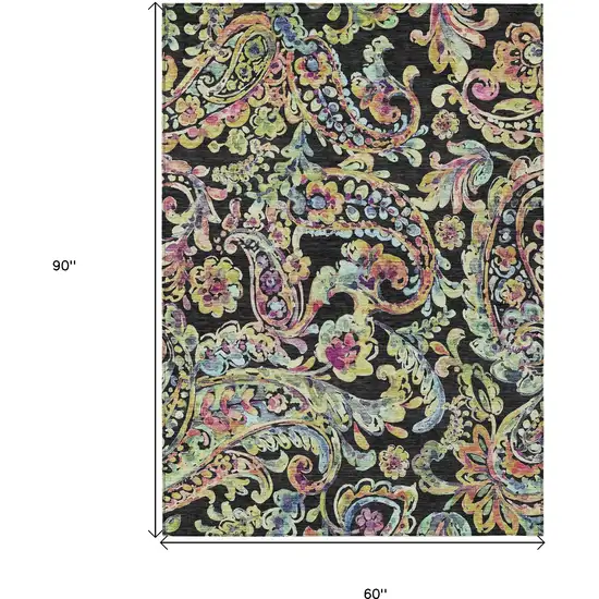 Black And Artichoke Green Paisley Washable Indoor Outdoor Area Rug Photo 3