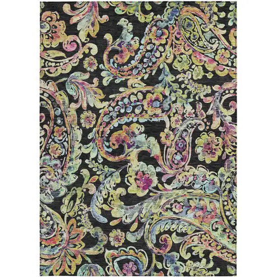 Black And Artichoke Green Paisley Washable Indoor Outdoor Area Rug Photo 8