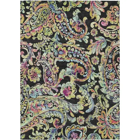 Black And Artichoke Green Paisley Washable Indoor Outdoor Area Rug Photo 2