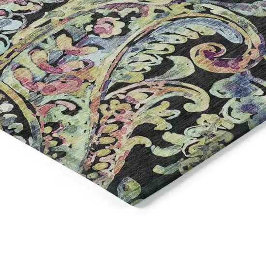 Black And Artichoke Green Paisley Washable Indoor Outdoor Area Rug Photo 4