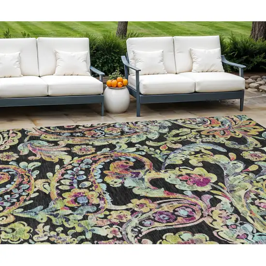 Black And Artichoke Green Paisley Washable Indoor Outdoor Area Rug Photo 1