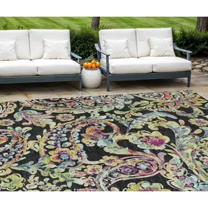 Photo of Black And Artichoke Green Paisley Washable Indoor Outdoor Area Rug