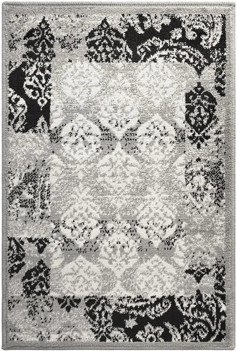 Black And Gray Damask Power Loom Distressed Stain Resistant Area Rug Photo 1