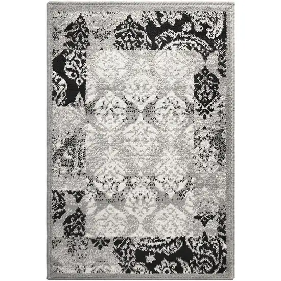 Black And Gray Damask Power Loom Distressed Stain Resistant Area Rug Photo 1