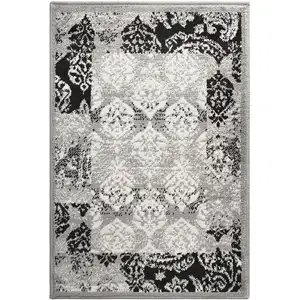 Photo of Black And Gray Damask Power Loom Distressed Stain Resistant Area Rug