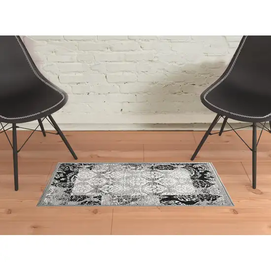 Black And Gray Damask Power Loom Distressed Stain Resistant Area Rug Photo 8