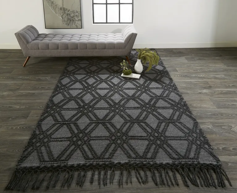 Black And Gray Wool Geometric Hand Woven Area Rug With Fringe Photo 5