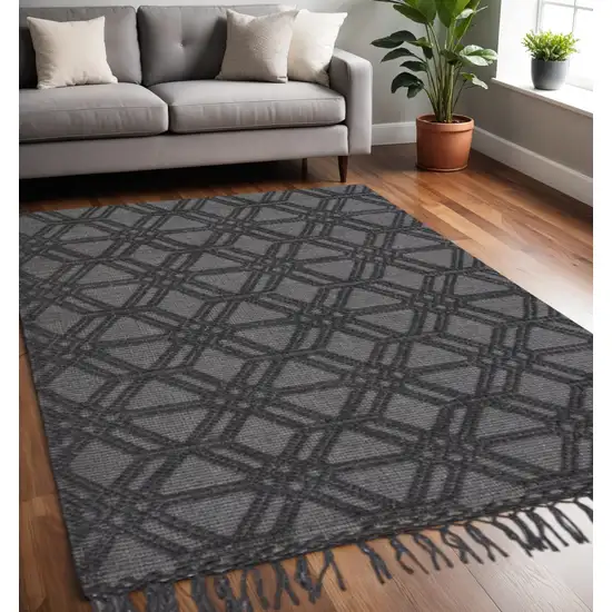 Black and Gray Wool Geometric Hand Woven Area Rug With Fringe Photo 1