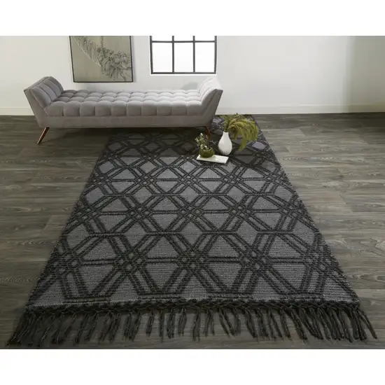 Black And Gray Wool Geometric Hand Woven Area Rug With Fringe Photo 5