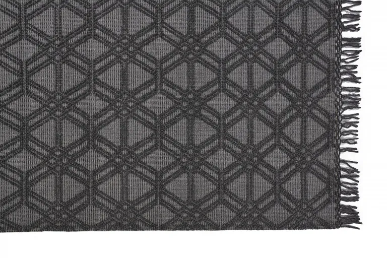 Black And Gray Wool Geometric Hand Woven Area Rug With Fringe Photo 1