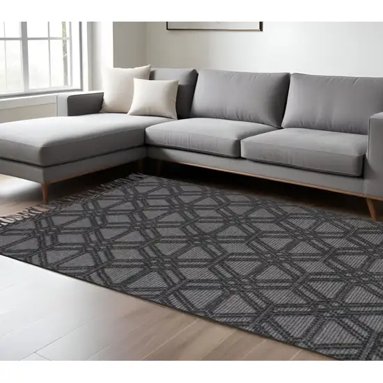 Black and Gray Wool Geometric Hand Woven Area Rug With Fringe Photo 1