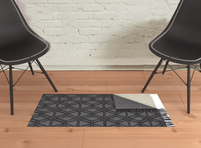 Black And Gray Wool Geometric Hand Woven Area Rug With Fringe Photo 3