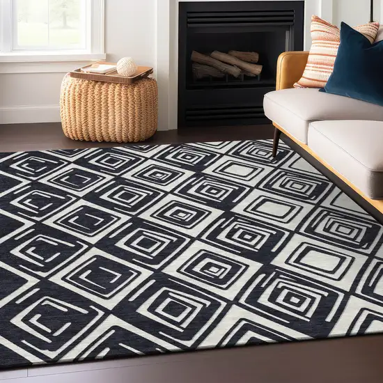 Black And Ivory Geometric Washable Indoor Outdoor Area Rug Photo 9