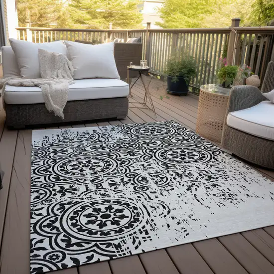 Black And Ivory Medallion Washable Indoor Outdoor Area Rug Photo 9